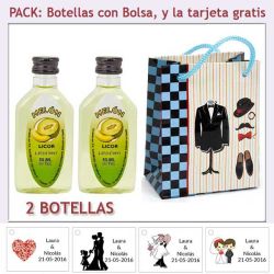 2 Botellitas de Licor de Melón con bolsa charlestón y tarjeta