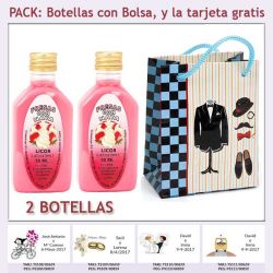 2 Botellitas de Licor de Fresas con Nata con bolsa charlestón y tarjeta