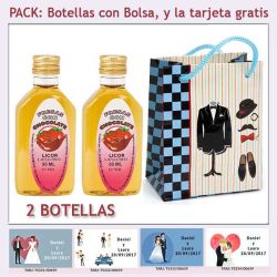 2 Botellitas de Licor de Fresas con Chocolate con bolsa charlestón y tarjeta