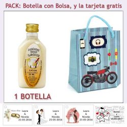 Botellita de Licor de Arroz con Leche con bolsa con moto roja y tarjeta