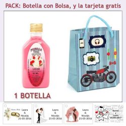 Botellita de Licor de Fresas con Nata con bolsa con moto roja y tarjeta