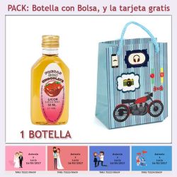 Botellita de Licor de Fresas con Chocolate con bolsa con moto roja y tarjeta