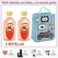 2 Botellitas de Pacharán con bolsa con moto roja y tarjeta