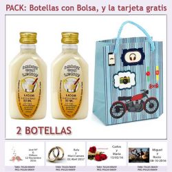 2 Botellitas de Licor de Arroz con Leche con bolsa con moto roja y tarjeta