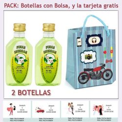 2 Botellitas de Licor de Finas Hierbas con bolsa con moto roja y tarjeta