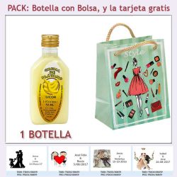 Botellita de Licor de Crema de Plátano con bolsa fashion con mujer y tarjeta
