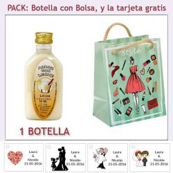 Botellita de Licor de Arroz con Leche con bolsa fashion con mujer y tarjeta