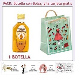 Botellita de Vodka Caramelo con bolsa fashion con mujer y tarjeta