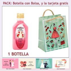 Botellita de Licor de Fresas con Nata con bolsa fashion con mujer y tarjeta