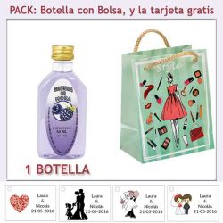 Botellita de Ginebra de Mora con bolsa fashion con mujer y tarjeta