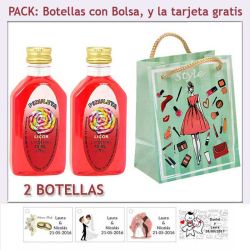 2 Botellitas de Licor de Piruleta con bolsa fashion con mujer y tarjeta