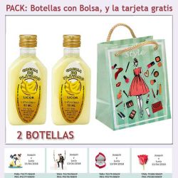 2 Botellitas de Licor de Crema de Plátano con bolsa fashion con mujer y tarjeta