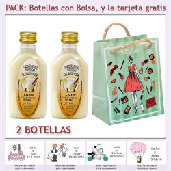 2 Botellitas de Licor de Arroz con Leche con bolsa fashion con mujer y tarjeta