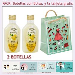 2 Botellitas de Licor de Crema de Limón con bolsa fashion con mujer y tarjeta