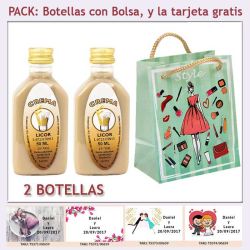 2 Botellitas de Licor Crema con bolsa fashion con mujer y tarjeta
