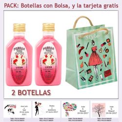 2 Botellitas de Licor de Fresas con Nata con bolsa fashion con mujer y tarjeta