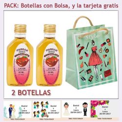 2 Botellitas de Licor de Fresas con Chocolate con bolsa fashion con mujer y tarjeta