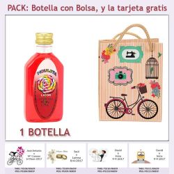 Botellita de Licor de Piruleta con bolsa fashion con bicicleta y tarjeta