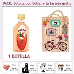 Botellita de Pacharán con bolsa fashion con bicicleta y tarjeta