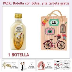 Botellita de Licor de Arroz con Leche con bolsa fashion con bicicleta y tarjeta