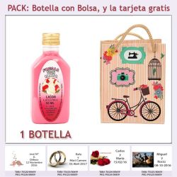 Botellita de Licor de Fresas con Nata con bolsa fashion con bicicleta y tarjeta