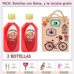 2 Botellitas de Licor de Piruleta con bolsa fashion con bicicleta y tarjeta