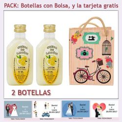 2 Botellitas de Licor de Crema de Limón con bolsa fashion con bicicleta y tarjeta