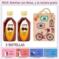 2 Botellitas de Licor de Café con bolsa fashion con bicicleta y tarjeta