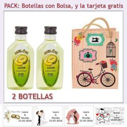 2 Botellitas de Licor de Melón con bolsa fashion con bicicleta y tarjeta