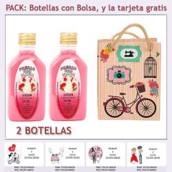 2 Botellitas de Licor de Fresas con Nata con bolsa fashion con bicicleta y tarjeta