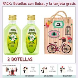 2 Botellitas de Licor de Finas Hierbas con bolsa fashion con bicicleta y tarjeta