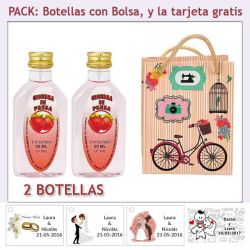 2 Botellitas de Ginebra de Fresa con bolsa fashion con bicicleta y tarjeta