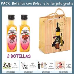 2 Botellitas de Licor de Fresas con Chocolate con bolsa bodegón y tarjeta