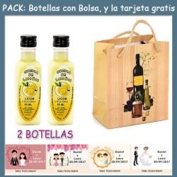 2 Botellitas de Licor Crema de Limóncon bolsa bodegón y tarjeta