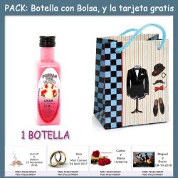Botellita de Licor de Fresas con Nata con bolsa charlestón y tarjeta