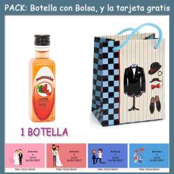 Botellita de Pacharán con bolsa charlestón y tarjeta