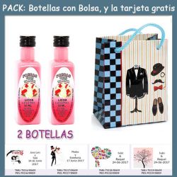 2 Botellitas de Licor de Fresas con Nata con bolsa charlestón y tarjeta