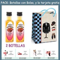 2 Botellitas de Licor de Fresas con Chocolate con bolsa charlestón y tarjeta