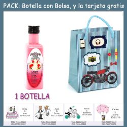 Botellita de Licor de Fresas con Nata con bolsa con moto roja y tarjeta