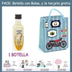 Botellita de Licor de Arroz con Leche con bolsa con moto roja y tarjeta