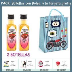 2 Botellitas de Licor de Fresas con Chocolate con bolsa con moto roja y tarjeta