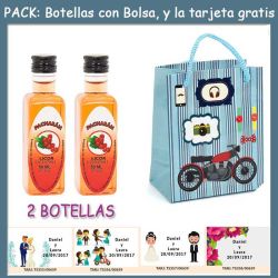 2 Botellitas de Pacharán con bolsa con moto roja y tarjeta