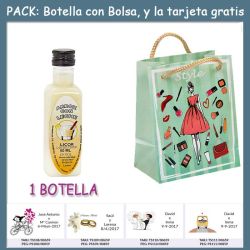 Botellita de Licor de Arroz con Leche con bolsa fashion con mujer y tarjeta