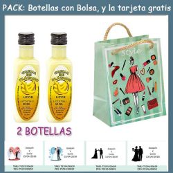 2 Botellitas de Licor de Crema de Plátano con bolsa fashion con mujer y tarjeta