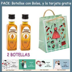 2 Botellitas de Vodka Caramelo con bolsa fashion con mujer y tarjeta