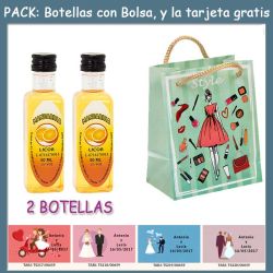 2 Botellitas de Licor de Mandarina con bolsa fashion con mujer y tarjeta