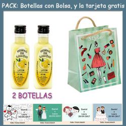2 Botellitas de Licor Crema de Limóncon bolsa fashion con mujer y tarjeta