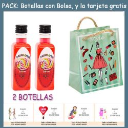 2 Botellitas de Licor de Piruleta con bolsa fashion con mujer y tarjeta