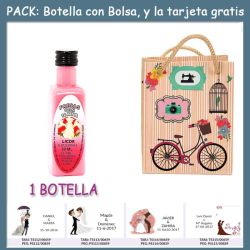Botellita de Licor de Fresas con Nata con bolsa fashion con bici y tarjeta