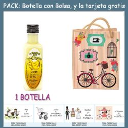 Botellita de Licor de Crema de Plátano con bolsa fashion con bici y tarjeta